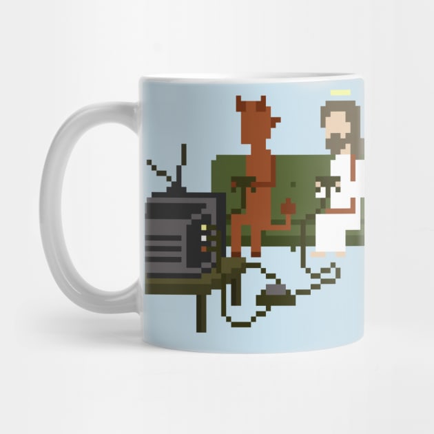 Jesus and Devil Playing Video Games Pixel Art by obinsun